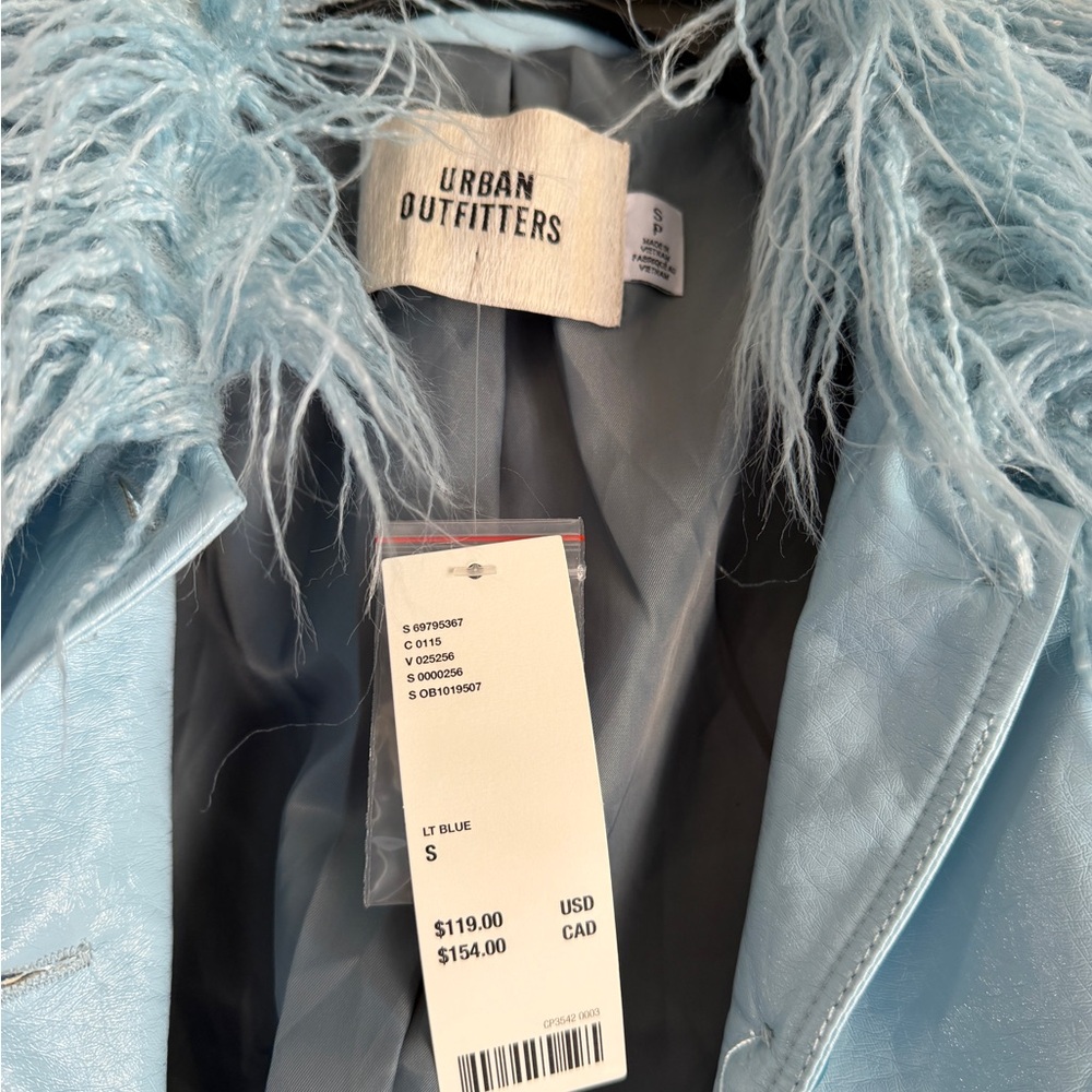 Urban Outfitters Pale Blue Faux Leather Jacket with Feather Trim - Picture 3 of 3